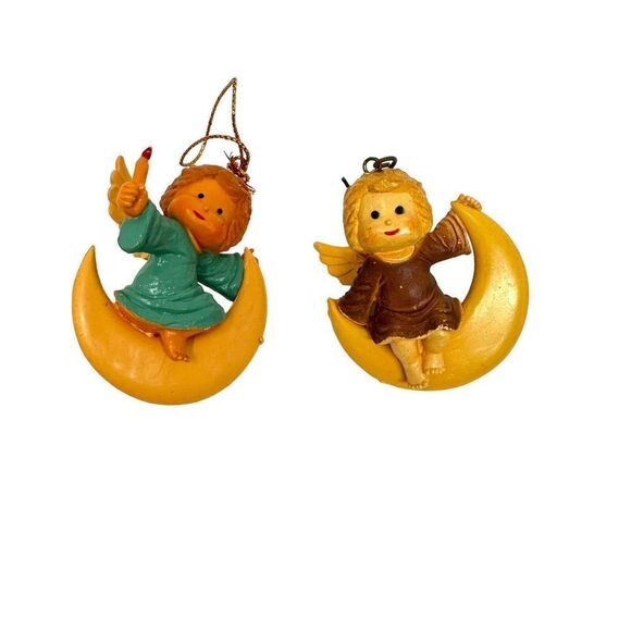 Vintage Lot Of 2 Christmas Angels Crescent Quarter Moon Mid Century Hong Kong - Picture 1 of 3